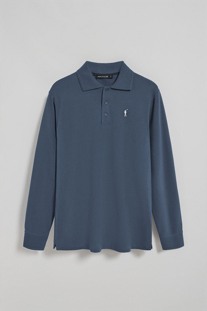 Polo de manga comprida com três botões em azul denim com logotipo Rigby Go