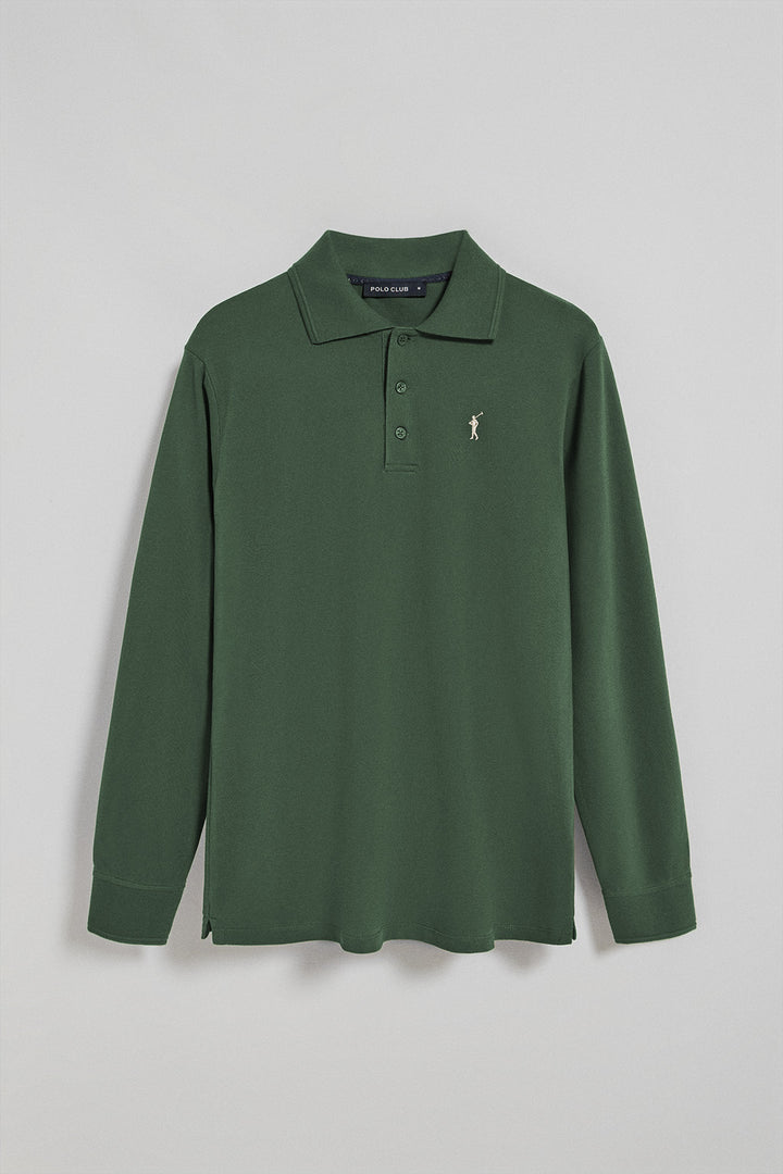 Polo de manga larga de tres botones en verde con logo Rigby Go