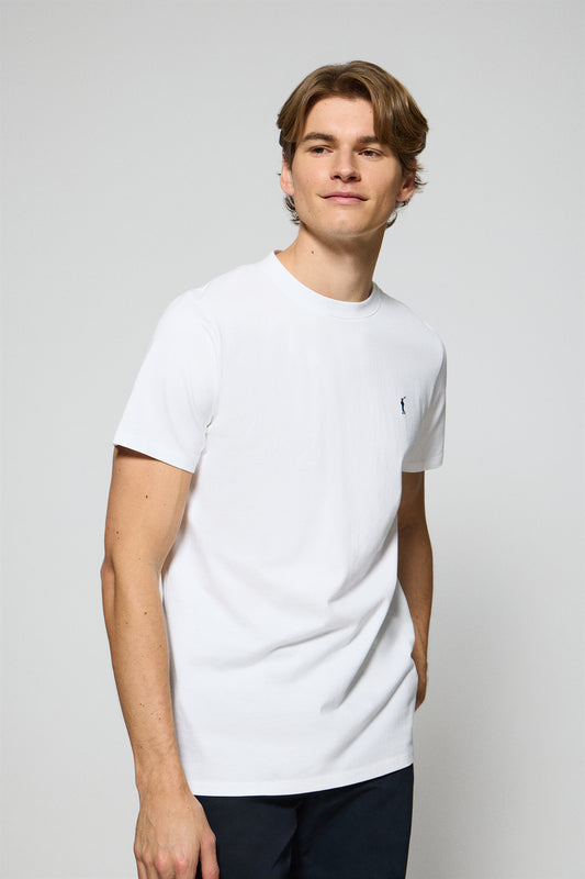 White round-neck T-shirt with Rigby Go embroidered logo