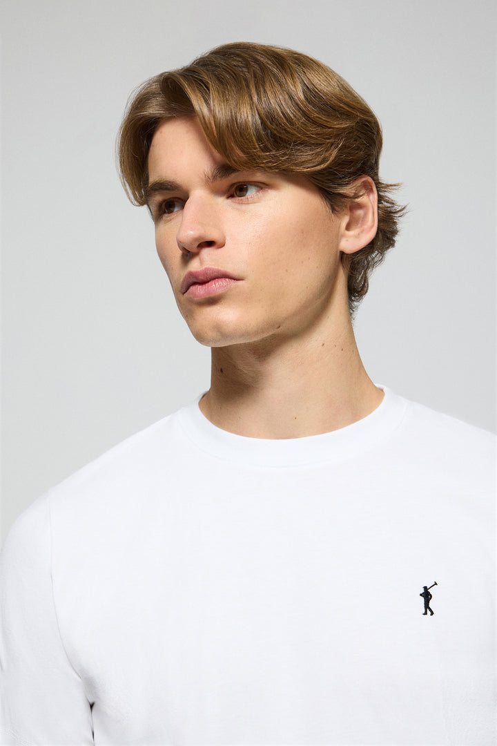 White round-neck T-shirt with Rigby Go embroidered logo