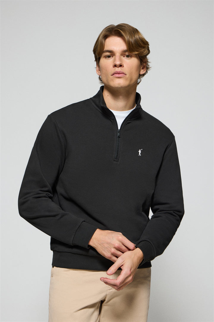 Black half-zip sweatshirt with Rigby Go embroidered logo