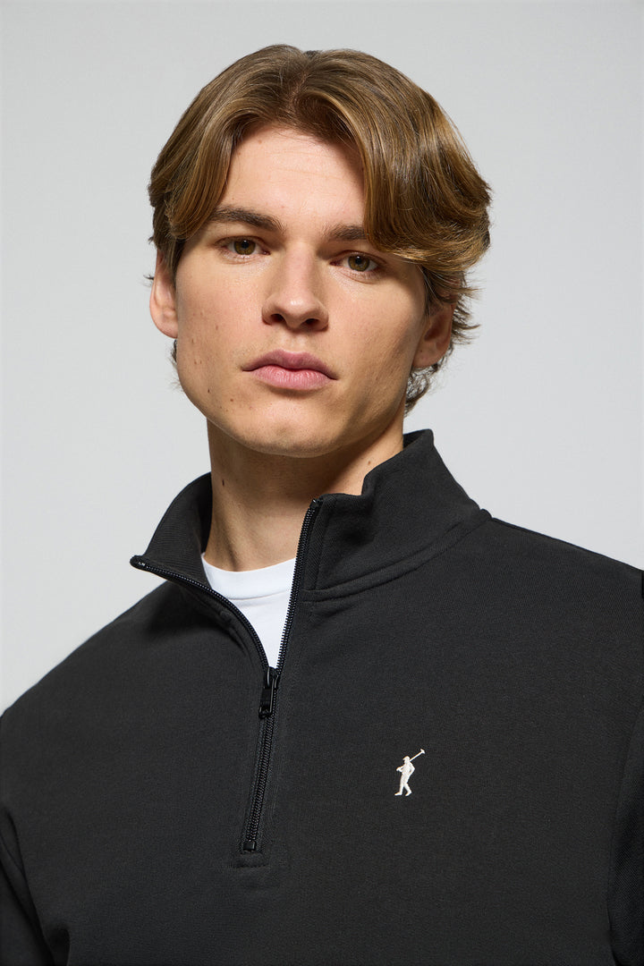 Black half-zip sweatshirt with Rigby Go embroidered logo