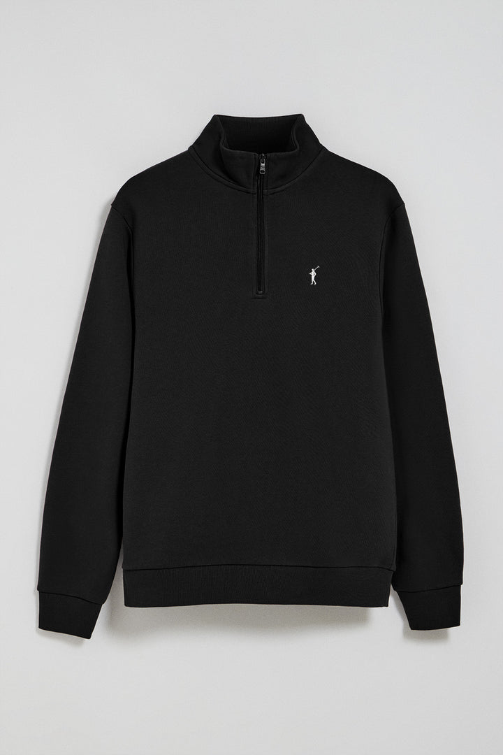 Black half-zip sweatshirt with Rigby Go embroidered logo