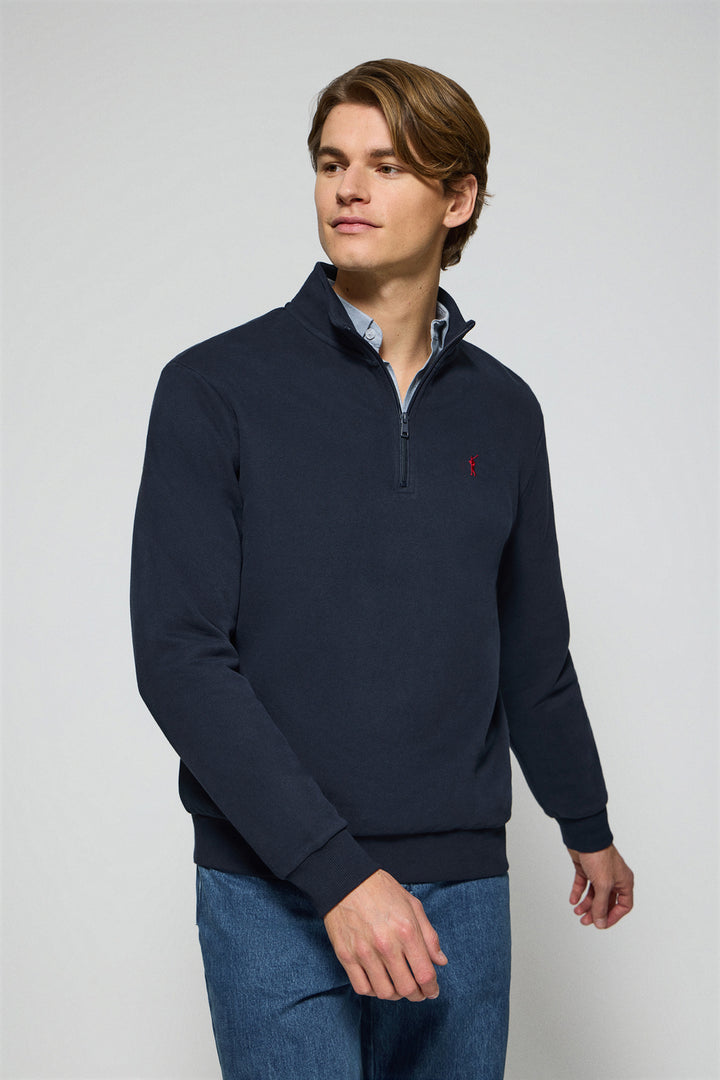 Navy-blue half-zip sweatshirt with Rigby Go embroidered logo