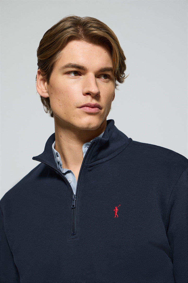 Navy-blue half-zip sweatshirt with Rigby Go embroidered logo