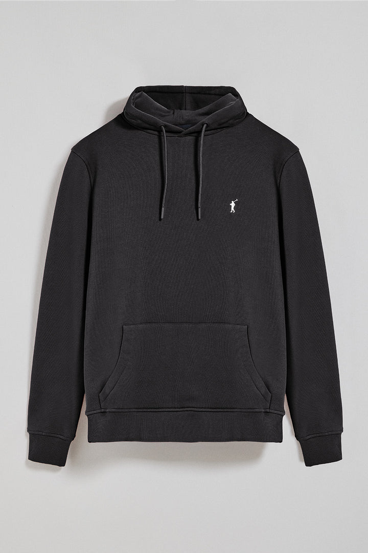 Black hoodie with pockets and Rigby Go embroidered logo