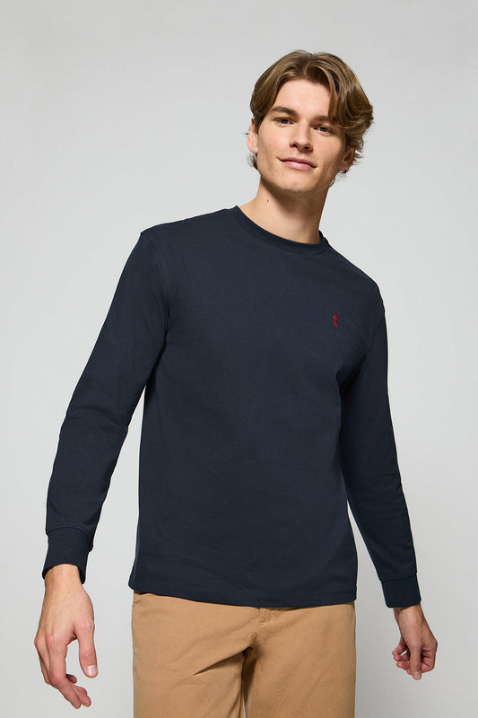 Navy-blue long-sleeve T-shirt with Rigby Go embroidered logo