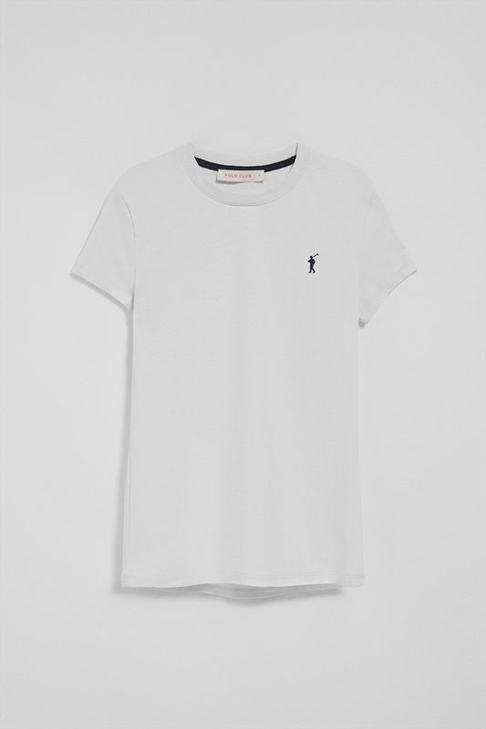 White short-sleeve T-shirt with Rigby Go embroidered logo