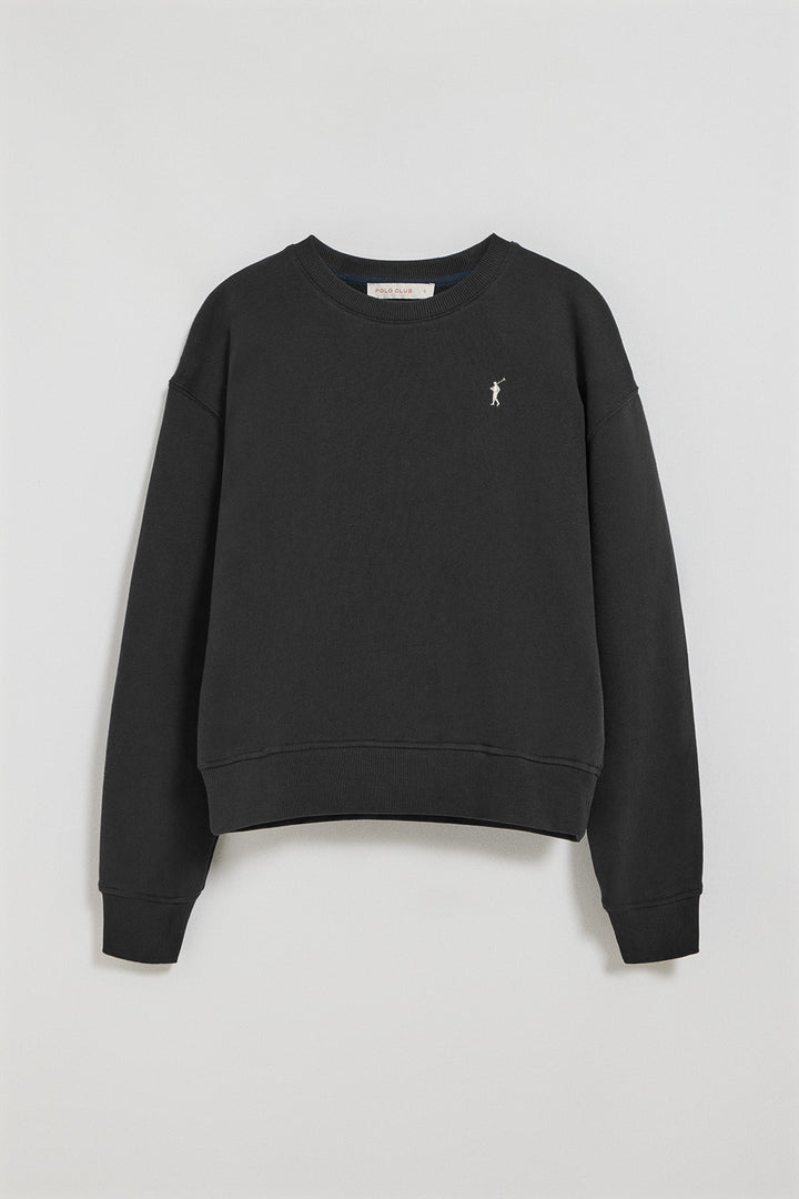 Black round-neck sweatshirt with Rigby Go embroidered logo