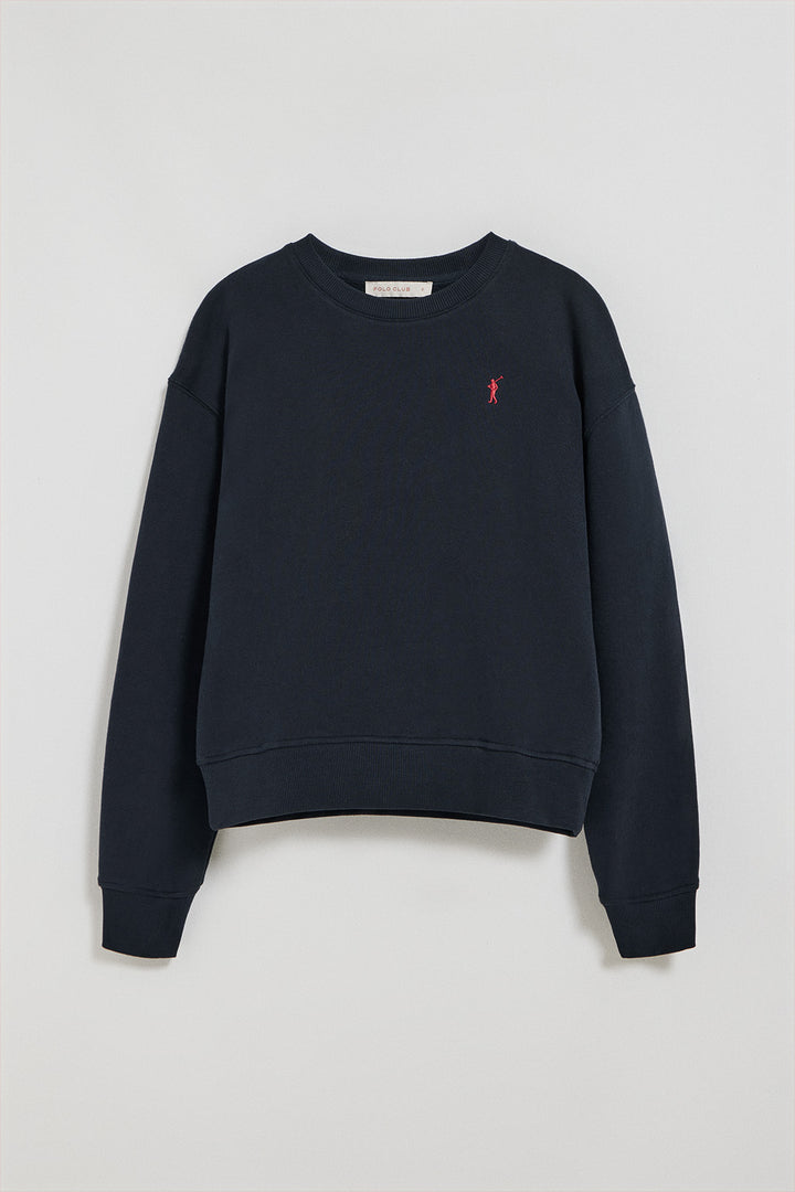 Navy-blue round-neck sweatshirt with Rigby Go embroidered logo