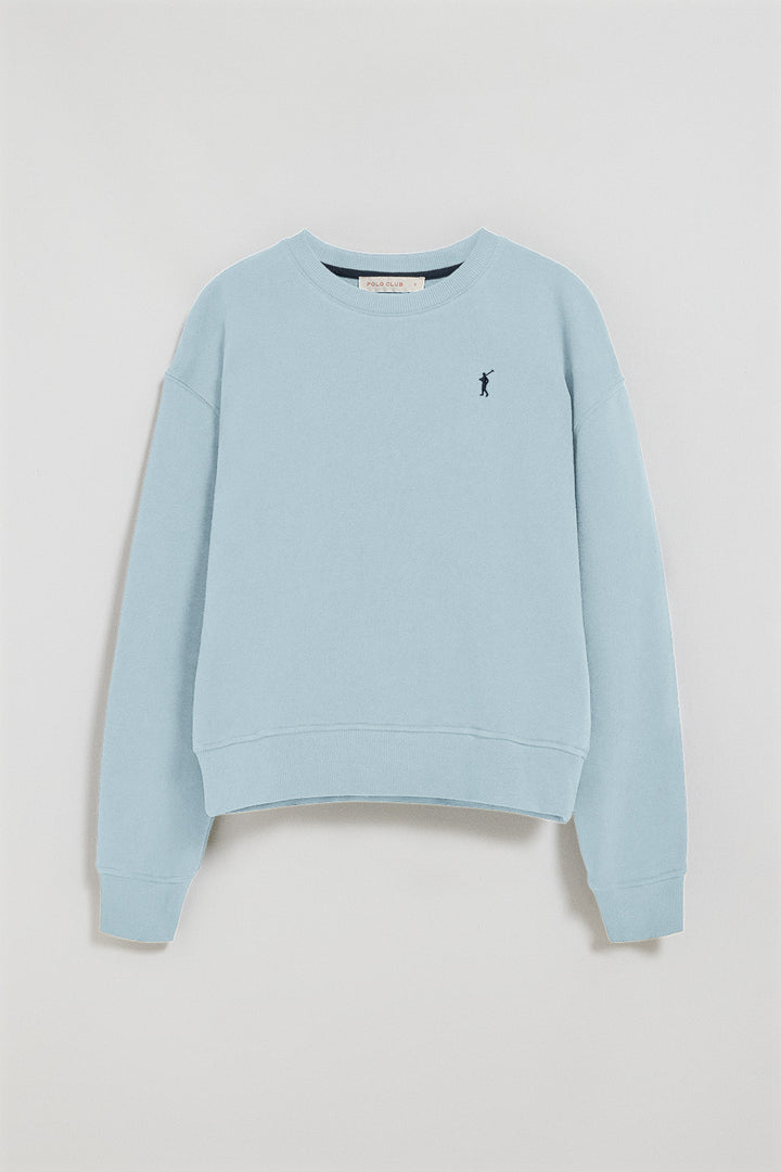 Light-blue round-neck sweatshirt with Rigby Go embroidered logo