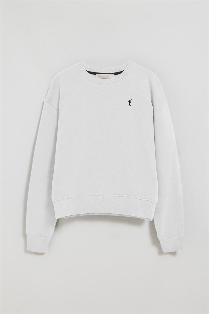 White round-neck sweatshirt with Rigby Go embroidered logo