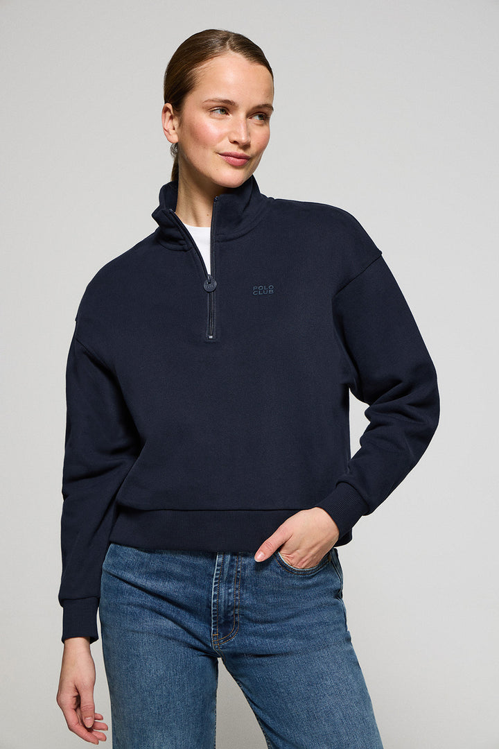 Sweatshirt com meio fecho de correr azul marinho com logotipo engomado Polo Club