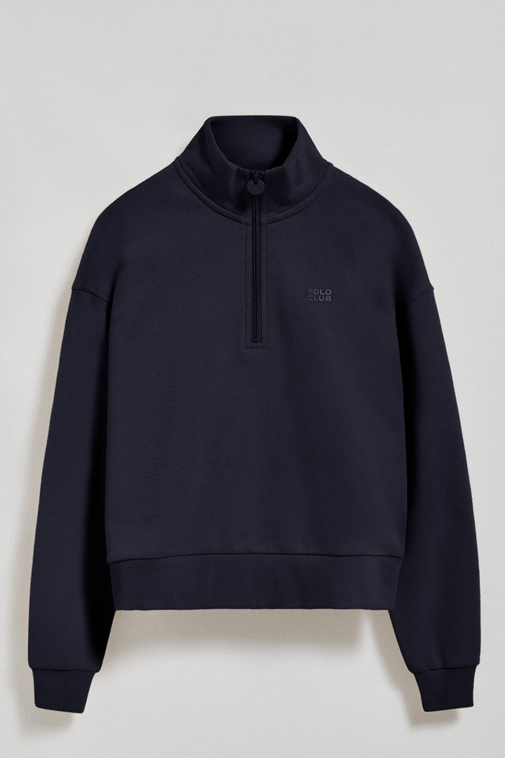 Navy-blue half-zip sweatshirt with Polo Club rubber logo