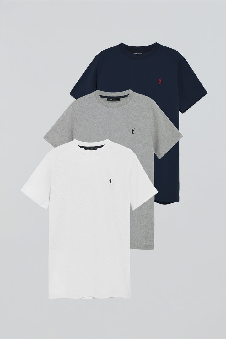 Round-neck T-shirt with Rigby Go embroidered logo 3 pack (navy blue, grey marl and white)