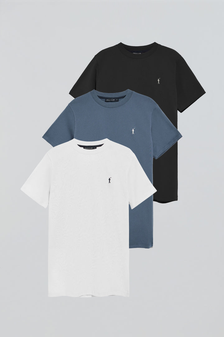 Pack de três t-shirts em preto, azul denim e branco, com decote redondo e logo bordado Rigby Go