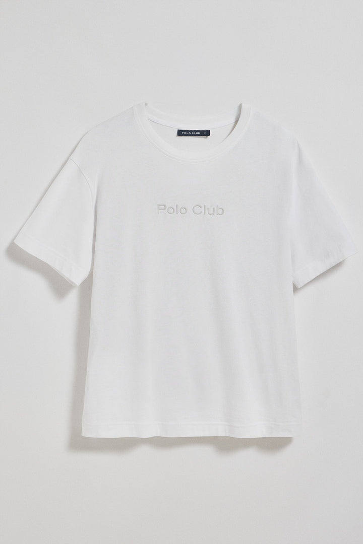 Camiseta blanca de manga corta y cuello redondo con logotipo Polo Club