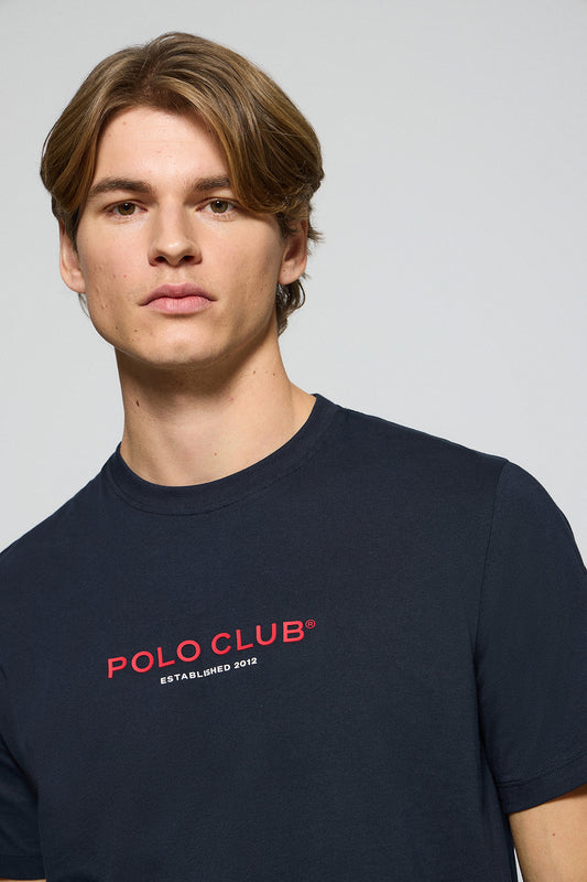 Navy-blue round-neck tee with Polo Club rubber logo