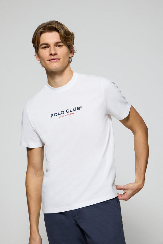 White round-neck tee with Polo Club rubber logo