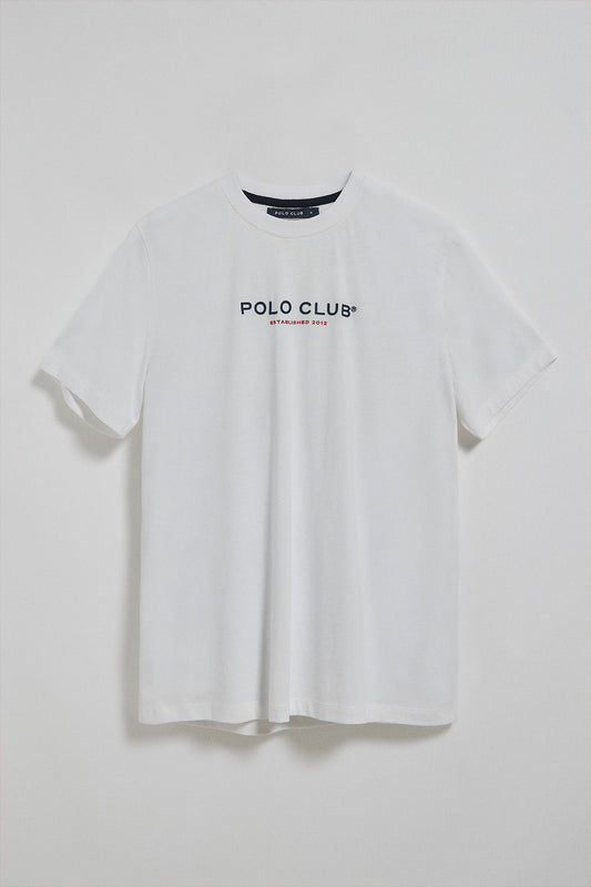 Camiseta blanca de cuello redondo con logotipo engomado Polo Club