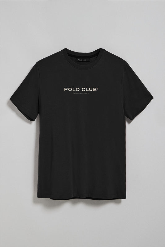 Black round-neck tee with Polo Club rubber logo