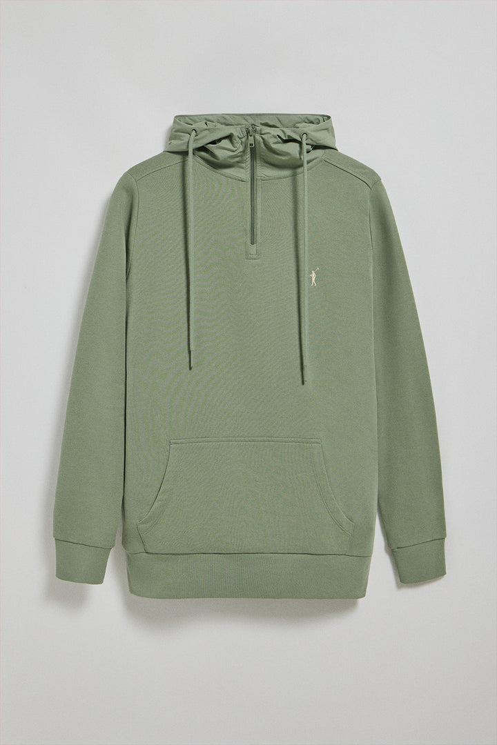 Jade-green half-zip hoodie with Rigby Go logo