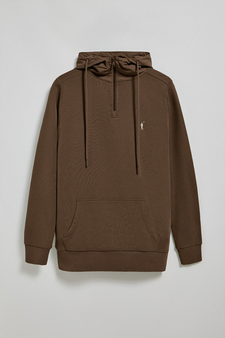 Dark-brown half-zip hoodie with Rigby Go logo