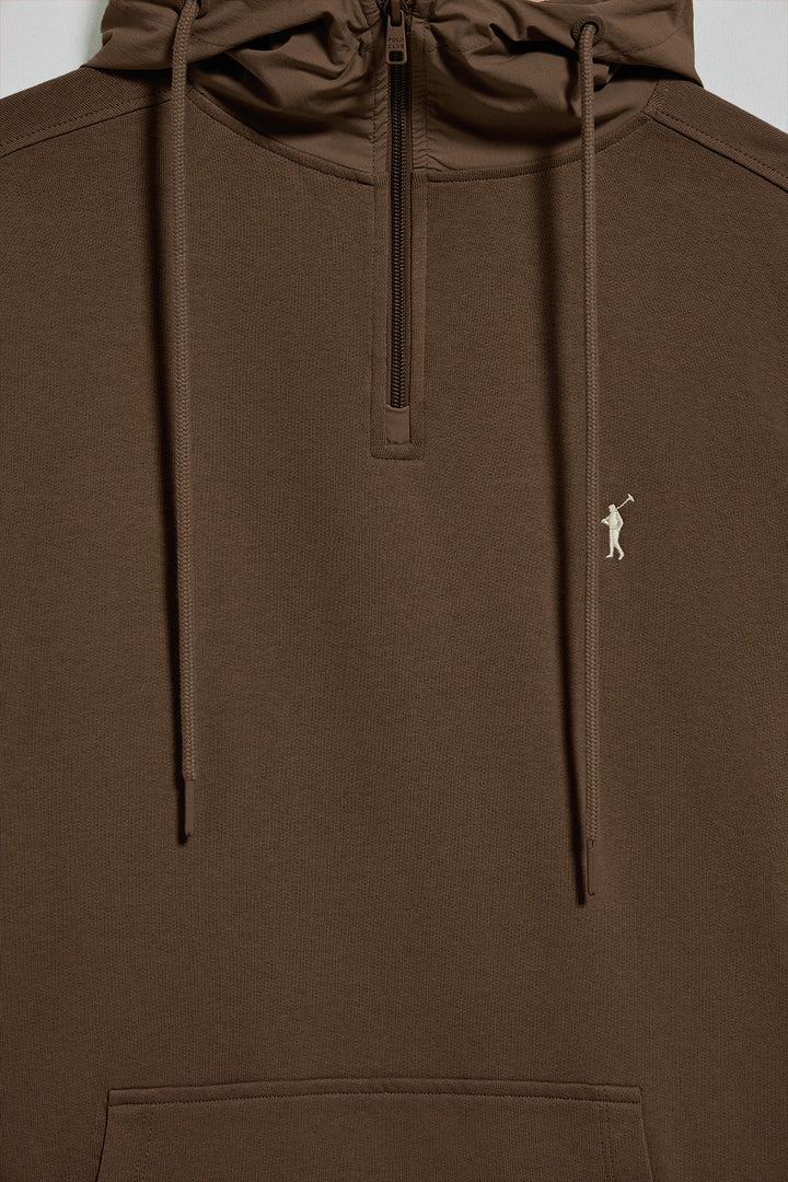 Dark-brown half-zip hoodie with Rigby Go logo