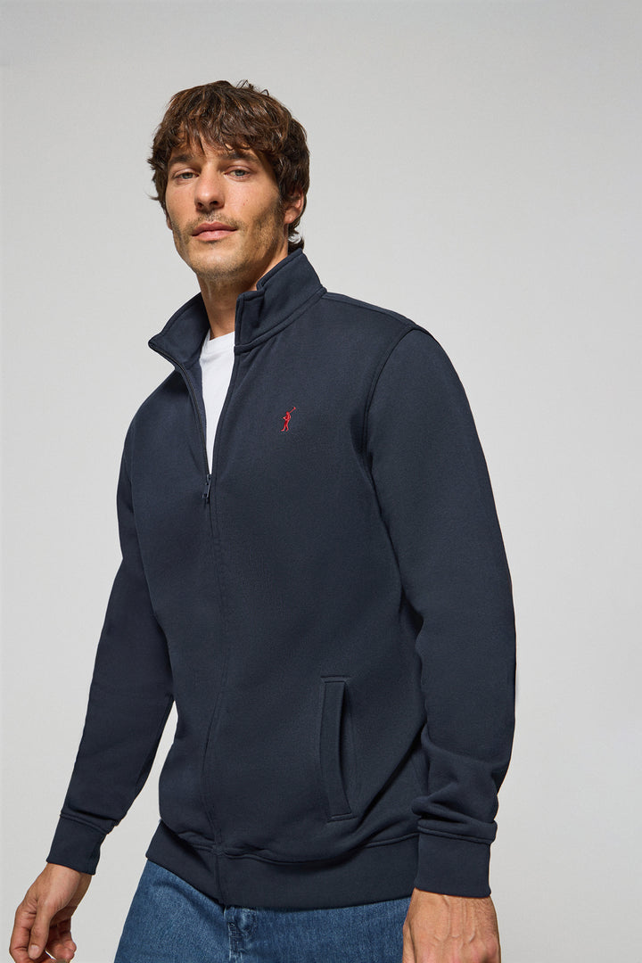 Navy-blue high-neck zip sweatshirt with Rigby Go logo