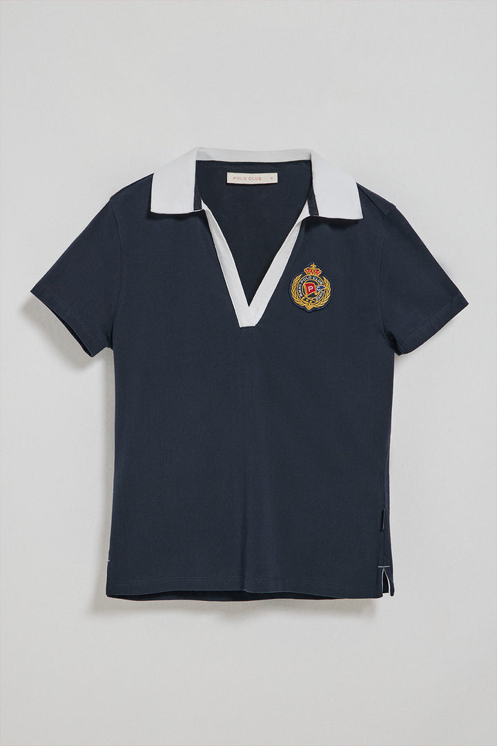 Navy-blue buttonless polo shirt Nautic with nautical detail on the chest