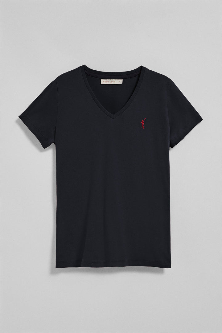 Navy V-neck short-sleeve tee with Rigby Go embroidery