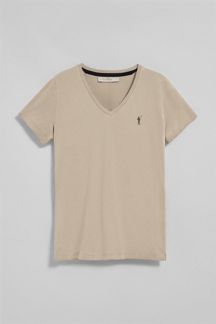 Camiseta beige de cuello de pico y manga corta con bordado Rigby Go