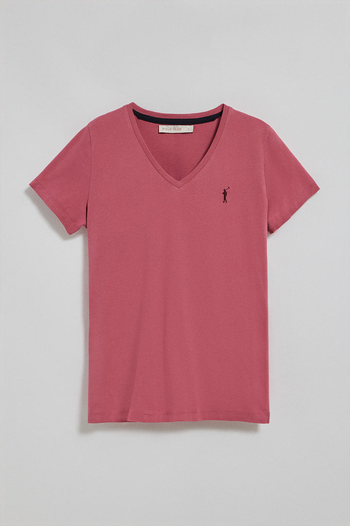 Wine-pink V-neck short-sleeve tee with Rigby Go embroidery