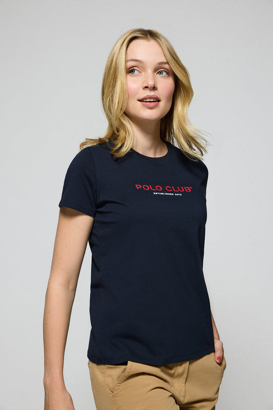 Navy-blue round-neck T-shirt with Polo Club rubber logo