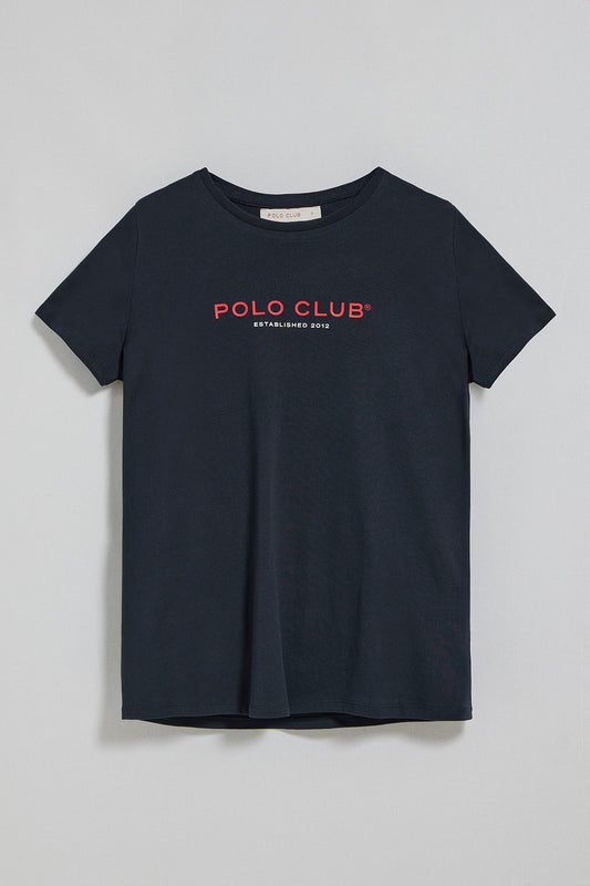 Navy-blue round-neck T-shirt with Polo Club rubber logo