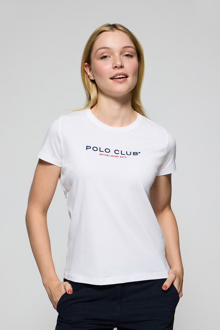 White round-neck T-shirt with Polo Club rubber logo