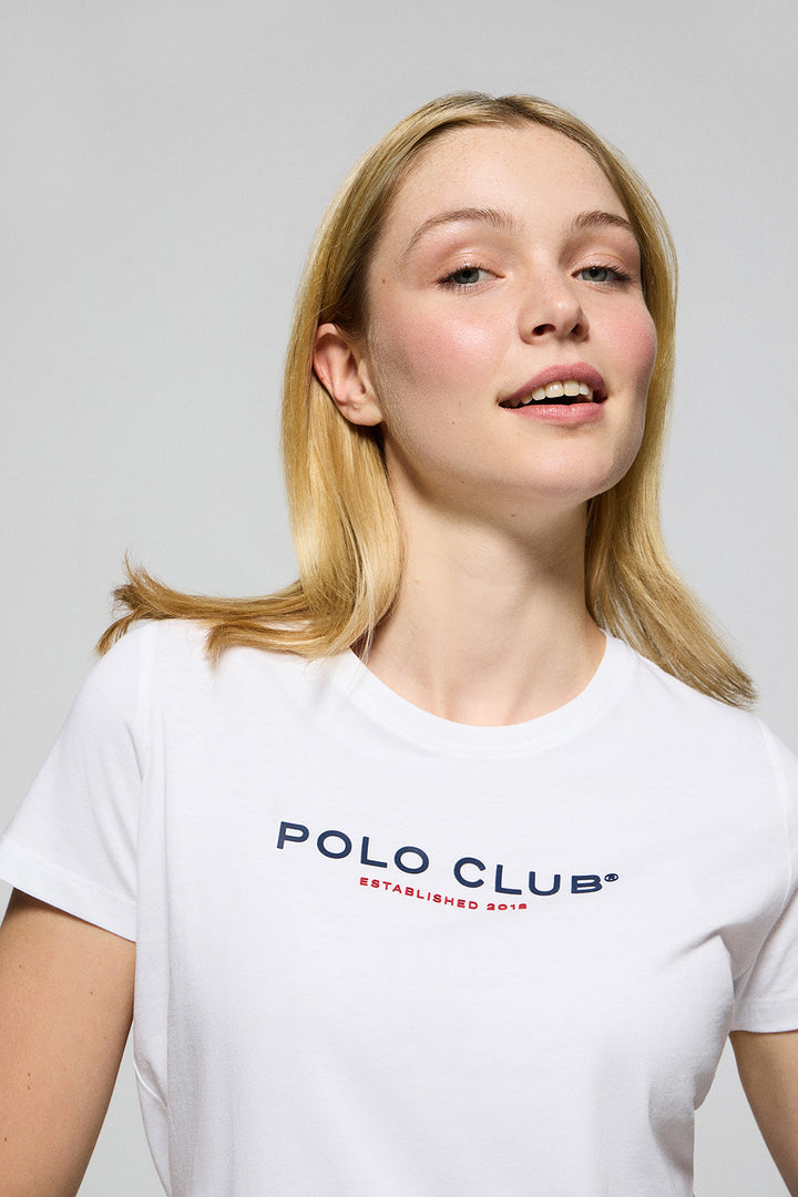 White round-neck T-shirt with Polo Club rubber logo