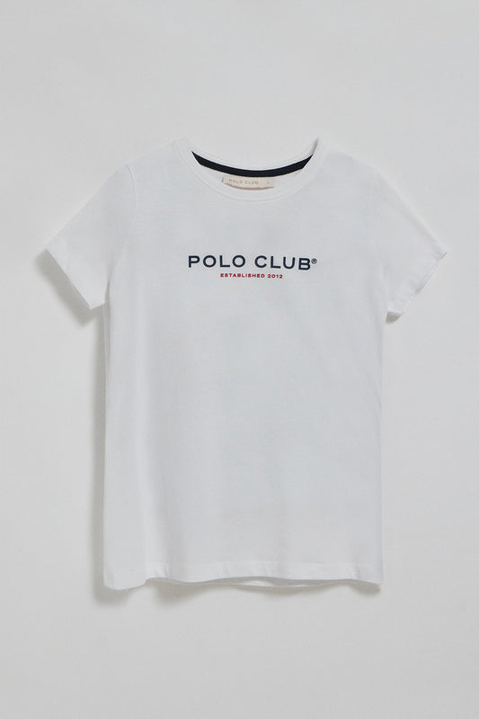 Camiseta de cuello redondo blanca con logo engomado Polo Club