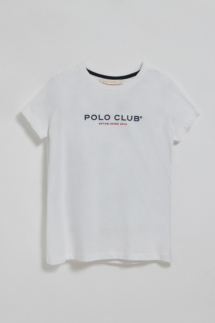 Camiseta de cuello redondo blanca con logo engomado Polo Club