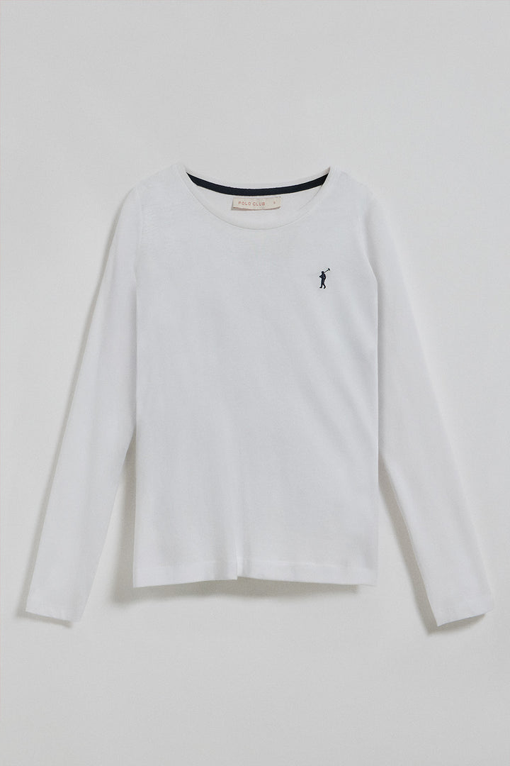 White long-sleeve basic T-shirt with Rigby Go logo