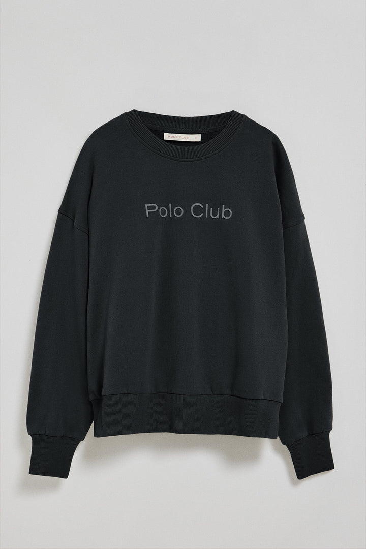 Sweatshirt básica preta com decote redondo com logo fontal Polo Club engomado