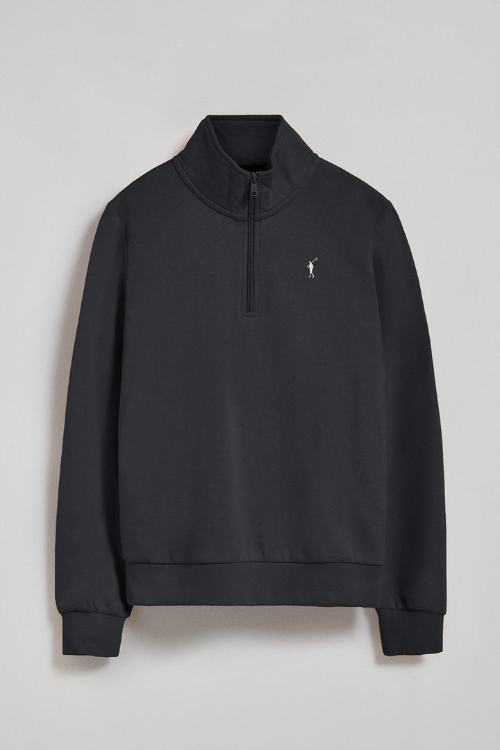 Black half-zip sweatshirt with Rigby Go logo