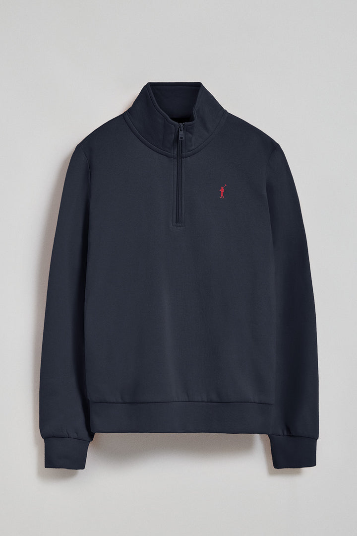 Navy-blue half-zip sweatshirt with Rigby Go logo