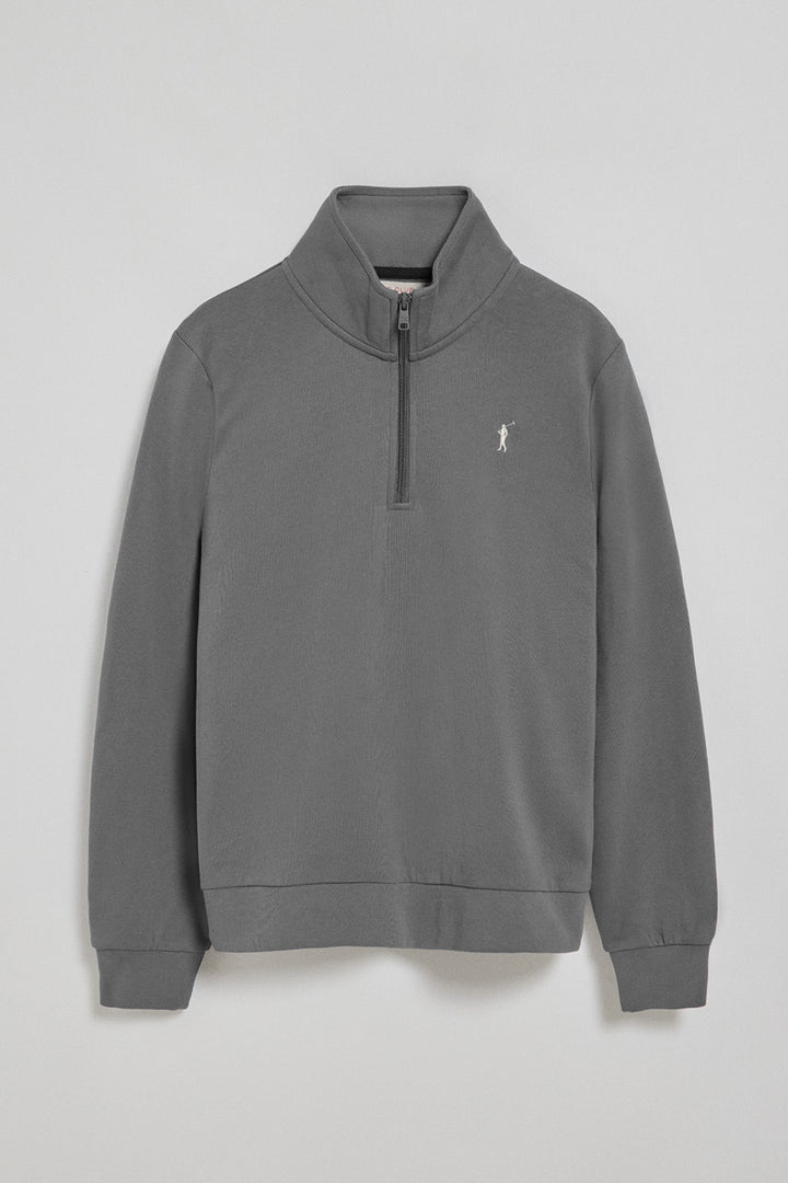 Asphalt-grey half-zip sweatshirt with Rigby Go logo