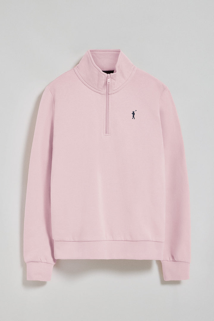 Pink half-zip sweatshirt with Rigby Go logo