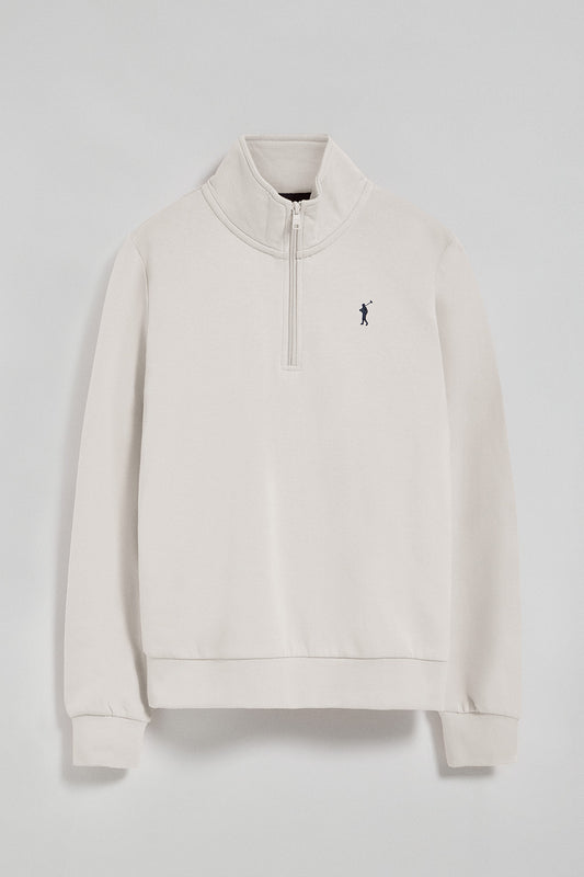 Off-white half-zip sweatshirt with Rigby Go logo