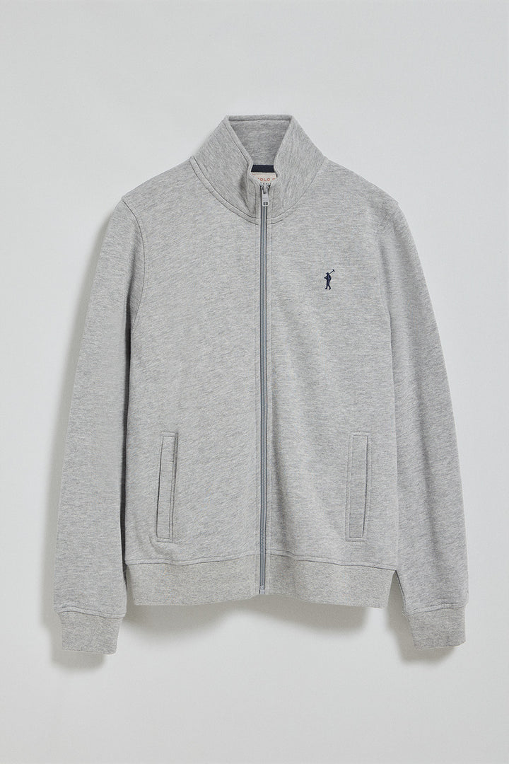 Grey-marl high-neck zip-up sweatshirt with Rigby Go logo