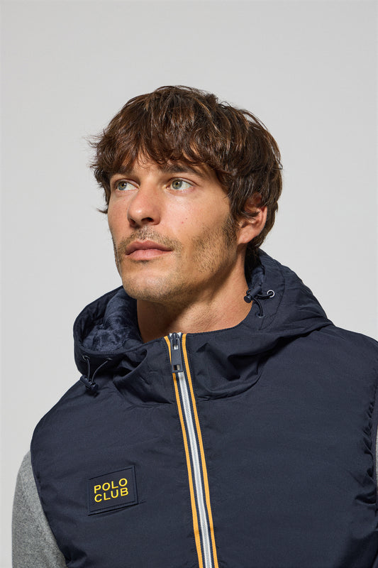 Navy-blue light vest with fixed hood and Polo Club details