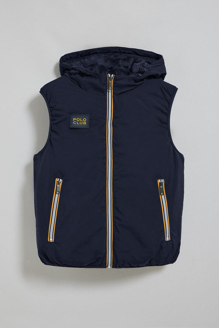 Navy-blue light vest with fixed hood and Polo Club details