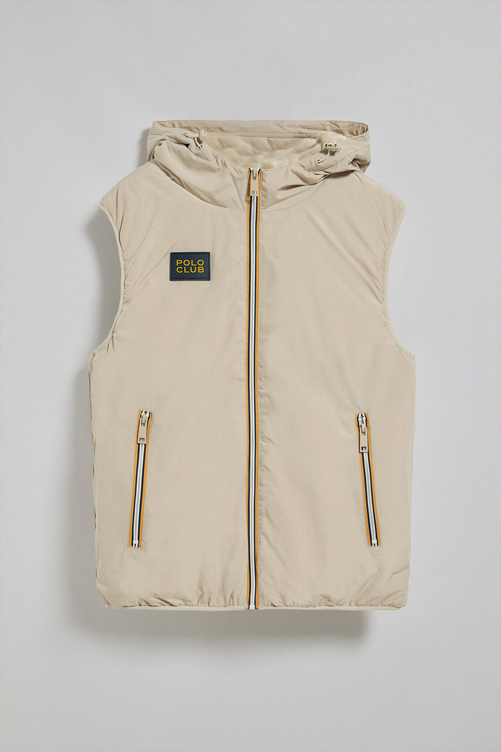 Beige light vest with fixed hood and Polo Club details